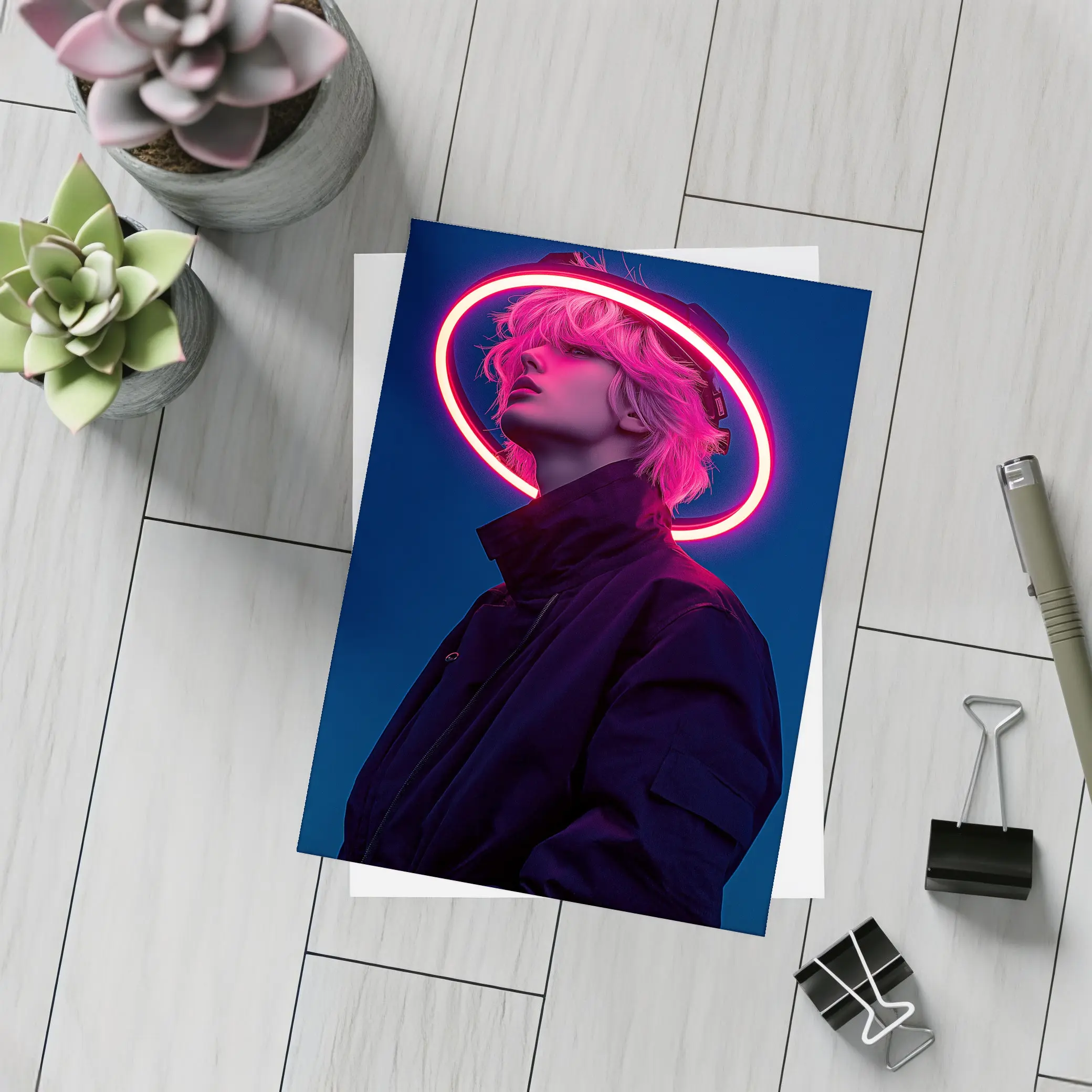 Neon Halo Figure Dark Blue Night Sky – Postcards