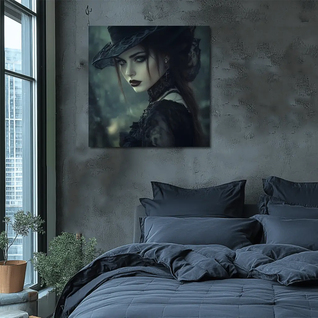 Gothic Woman Dark Hat Moody Forest – Wall Art