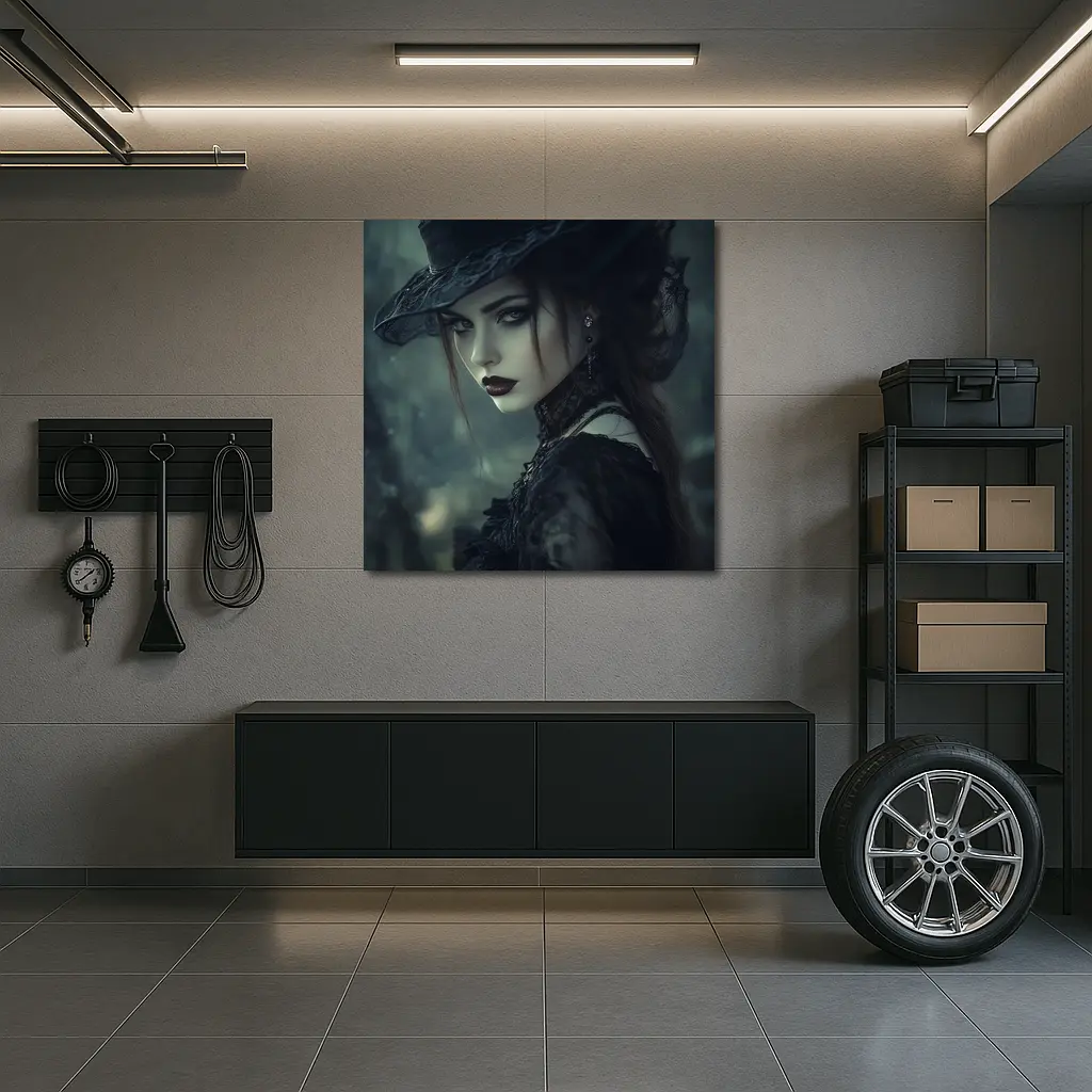 Gothic Woman Dark Hat Moody Forest – Wall Art