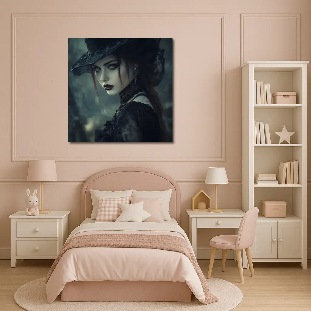Gothic Woman Dark Hat Moody Forest – Wall Art