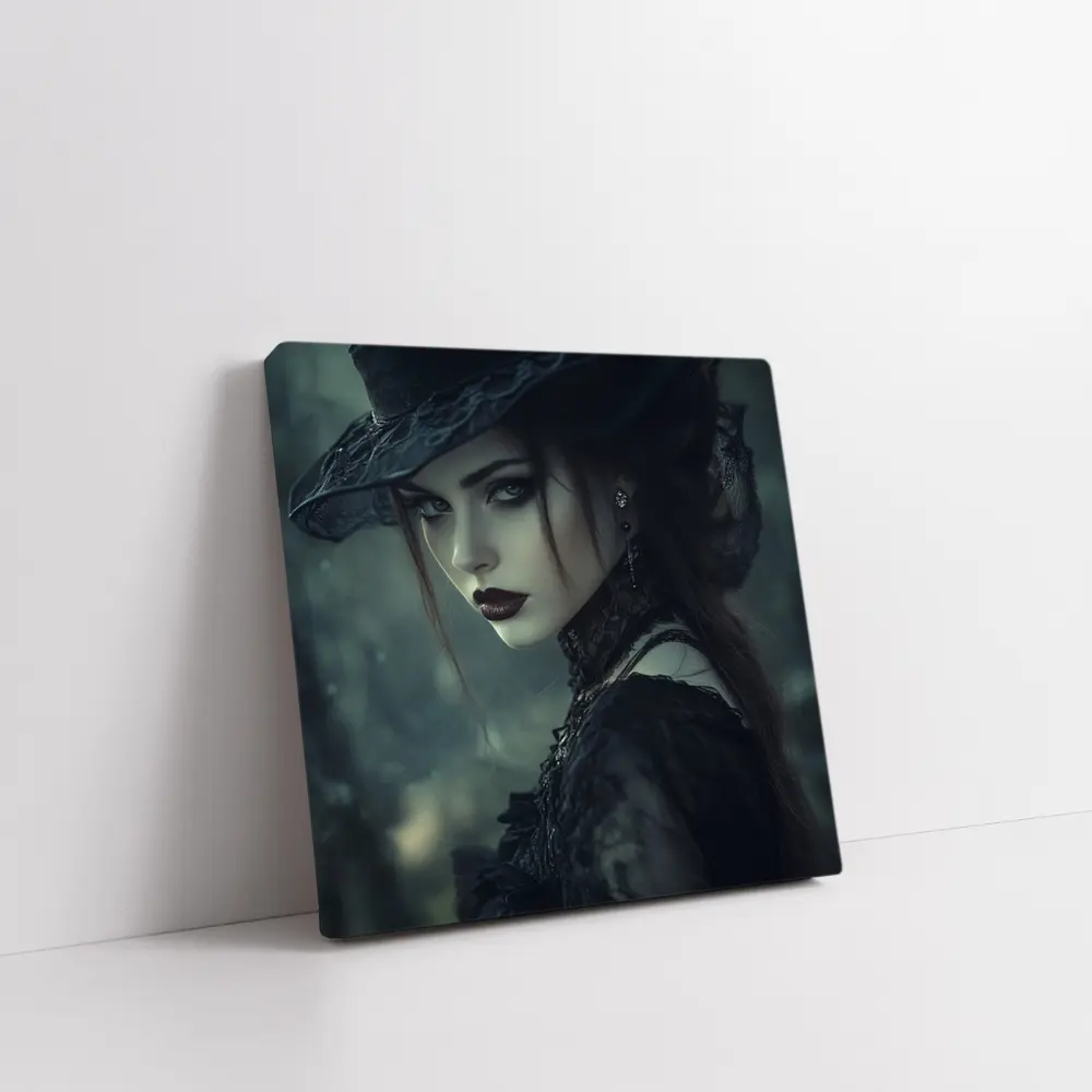Gothic Woman Dark Hat Moody Forest – Wall Art