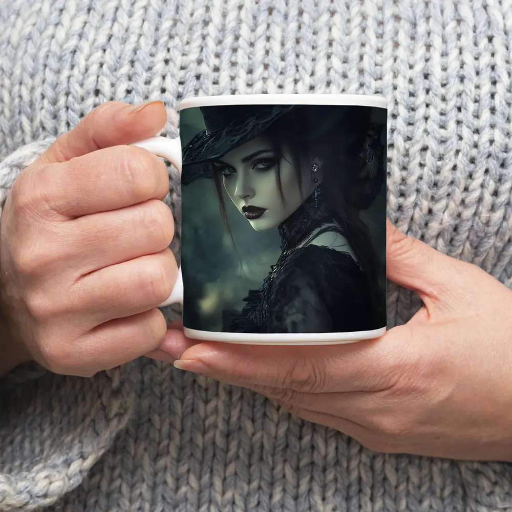 Gothic Woman Dark Hat Moody Forest – Mugs