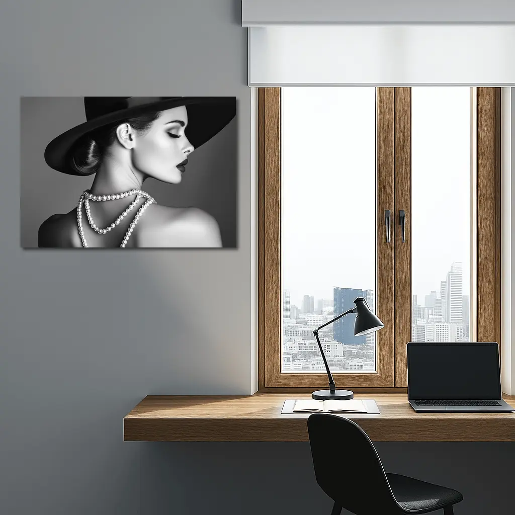 Elegant Woman Pearl Necklace Wide Brim Hat – Wall Art