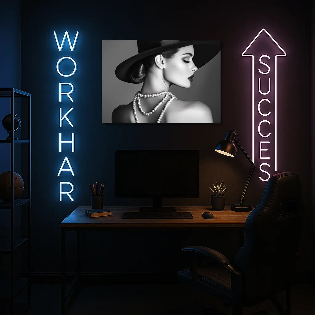 Elegant Woman Pearl Necklace Wide Brim Hat – Wall Art