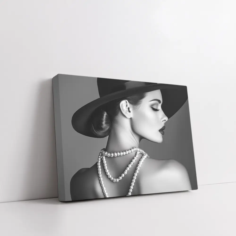 Elegant Woman Pearl Necklace Wide Brim Hat – Wall Art