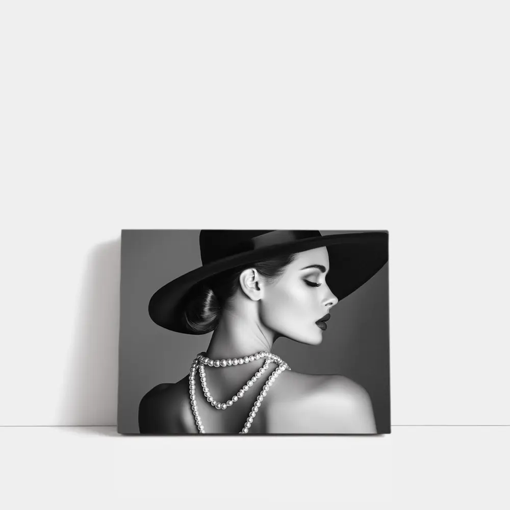 Elegant Woman Pearl Necklace Wide Brim Hat – Wall Art