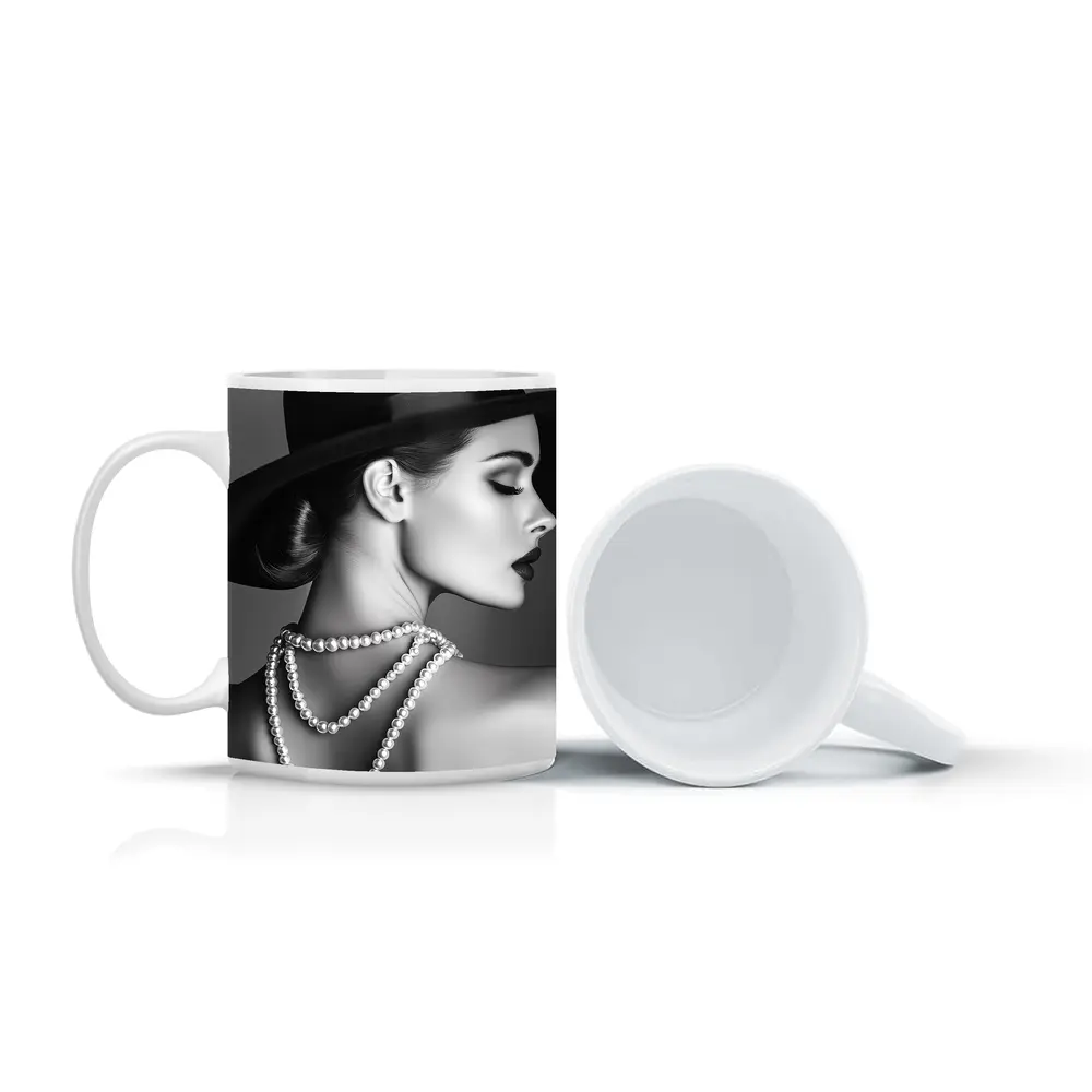 Elegant Woman Pearl Necklace Wide Brim Hat – Mugs