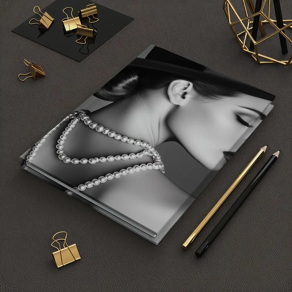 Elegant Woman Pearl Necklace Wide Brim Hat – Notebooks
