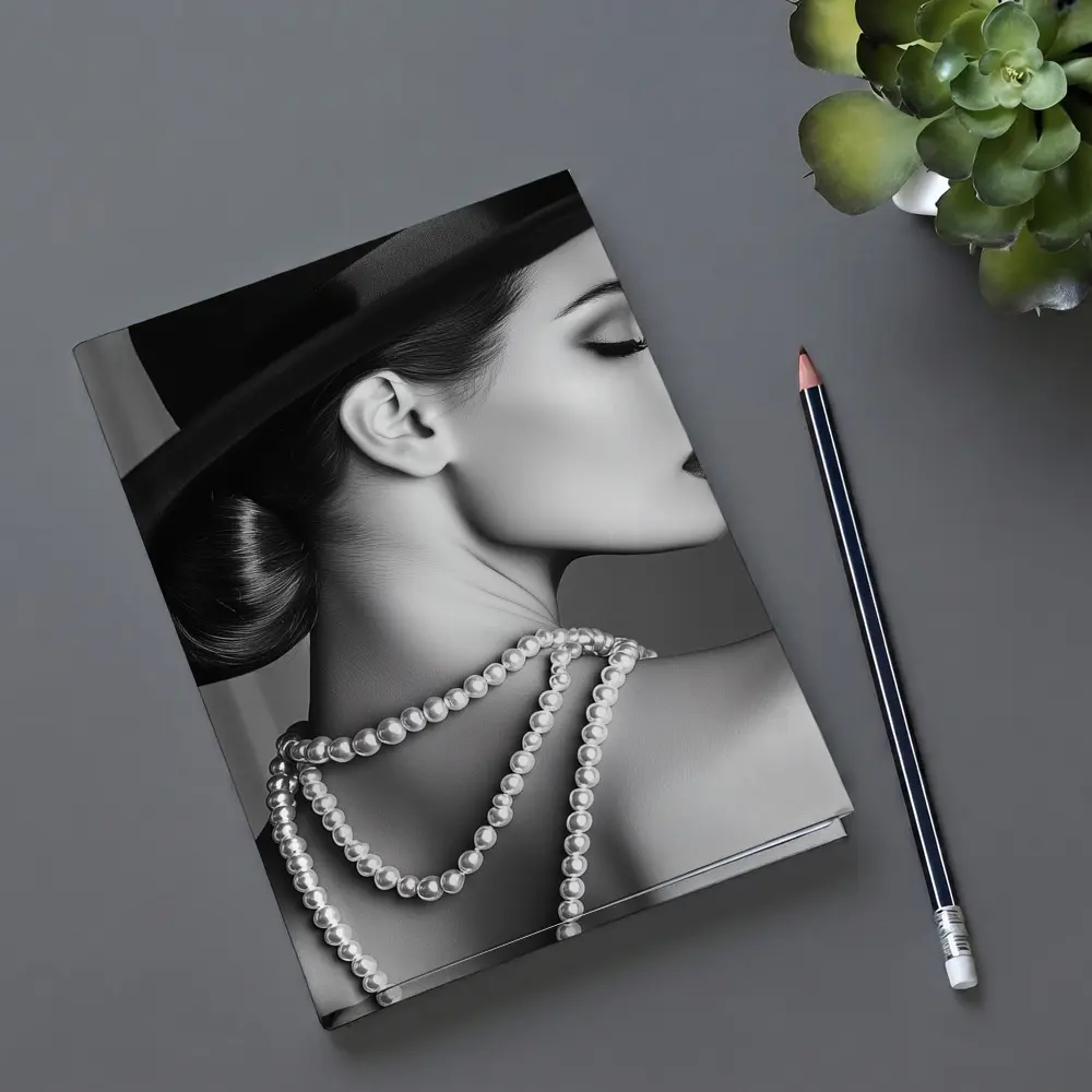 Elegant Woman Pearl Necklace Wide Brim Hat – Notebooks