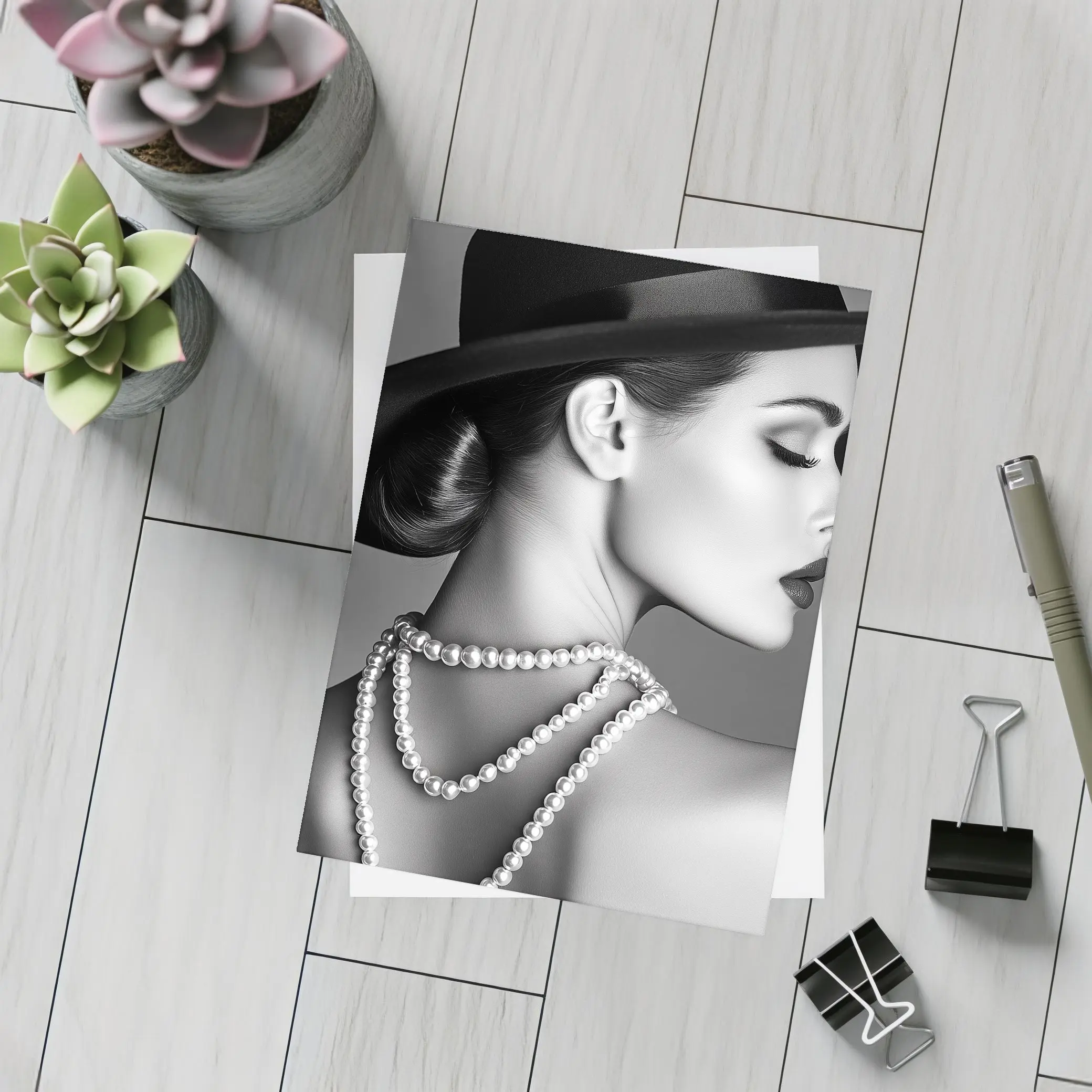 Elegant Woman Pearl Necklace Wide Brim Hat – Postcards