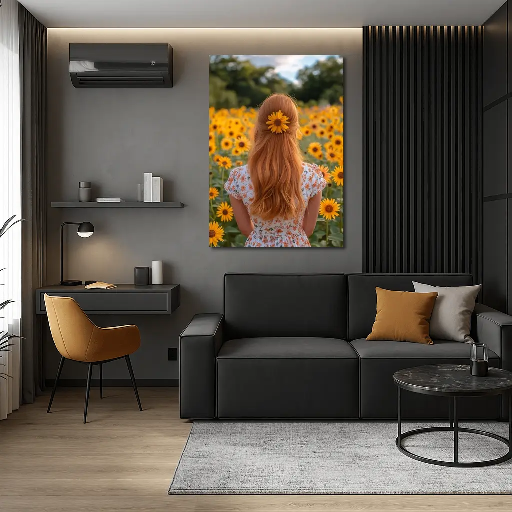 Red Hair Girl Sunflower Field Summer – Wall Art