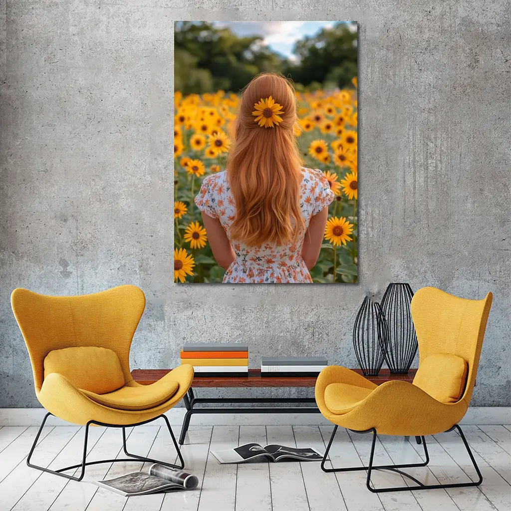 Red Hair Girl Sunflower Field Summer – Wall Art
