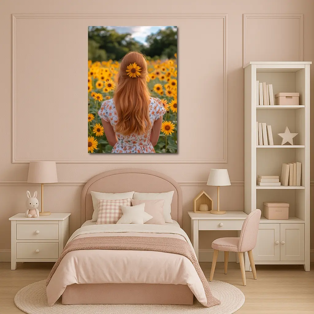 Red Hair Girl Sunflower Field Summer – Wall Art