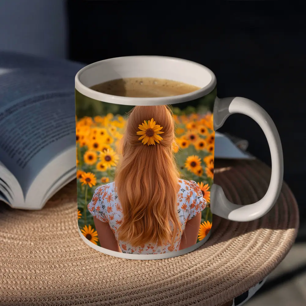Red Hair Girl Sunflower Field Summer – Mugs