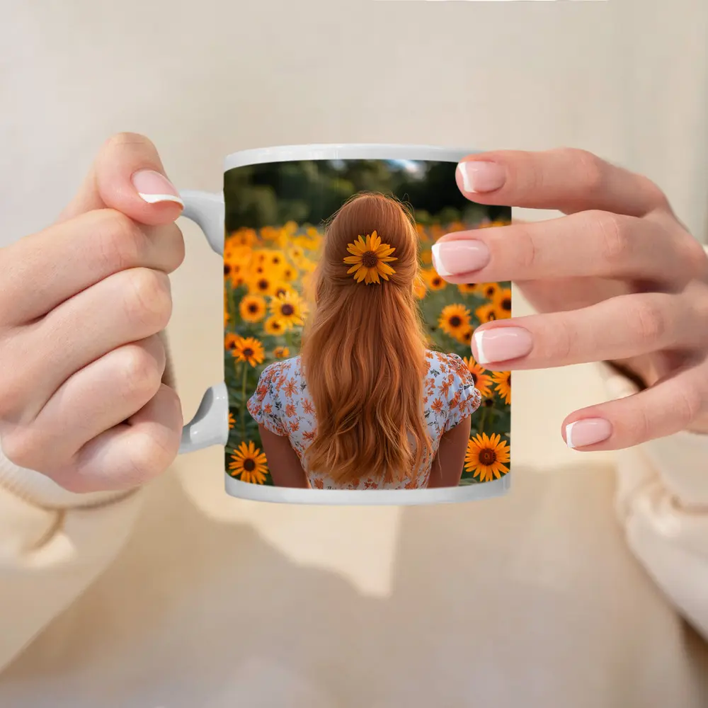 Red Hair Girl Sunflower Field Summer – Mugs