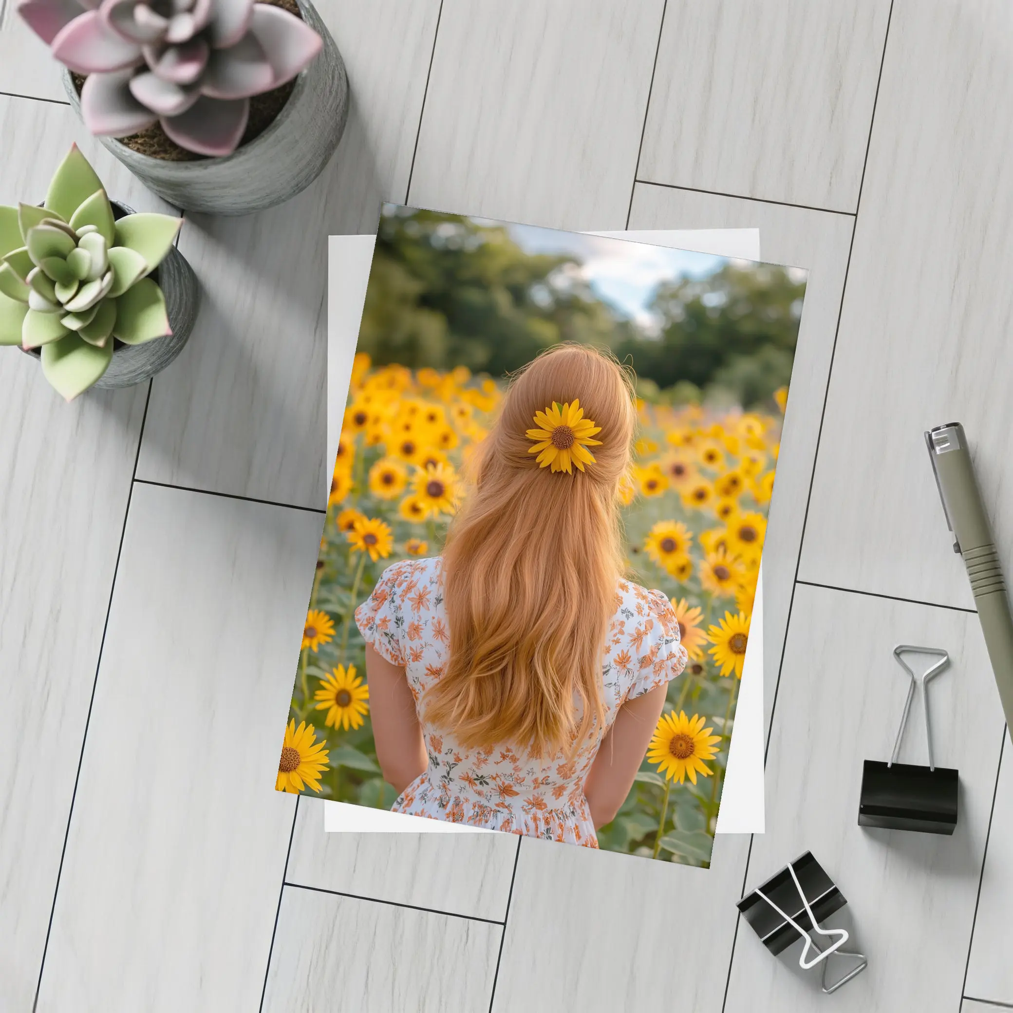 Red Hair Girl Sunflower Field Summer – Postcards