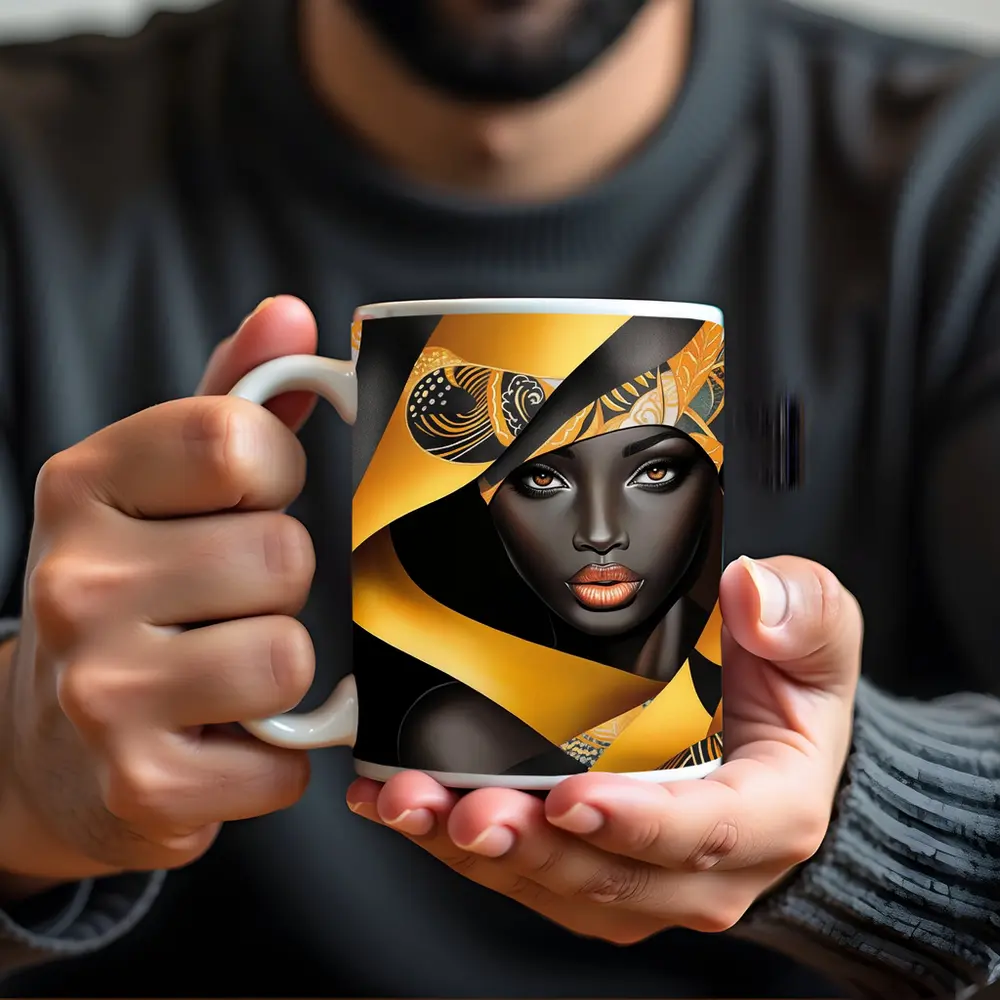 Black Woman Gold Ribbons Abstract Art – Mugs