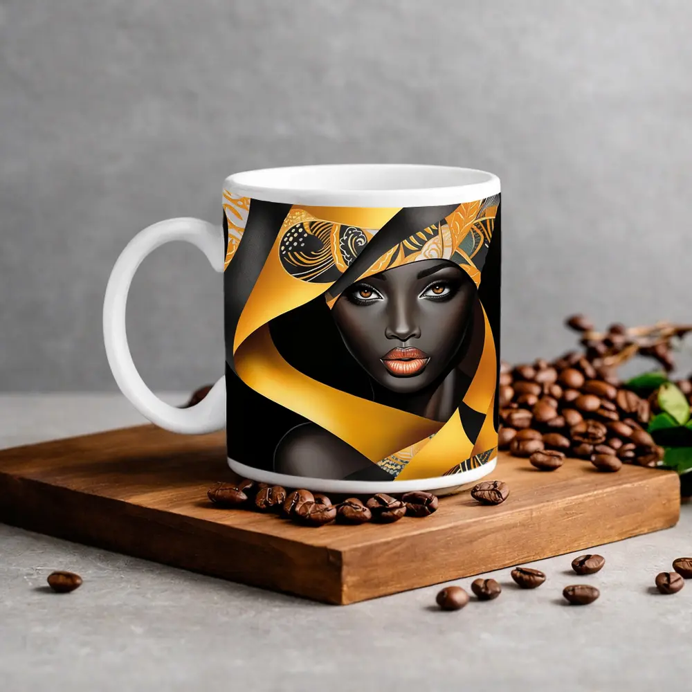 Black Woman Gold Ribbons Abstract Art – Mugs