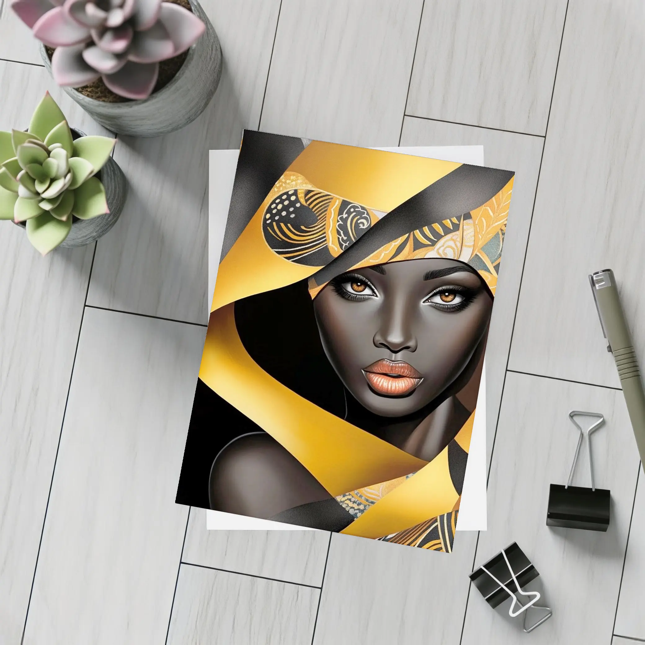 Black Woman Gold Ribbons Abstract Art – Postcards