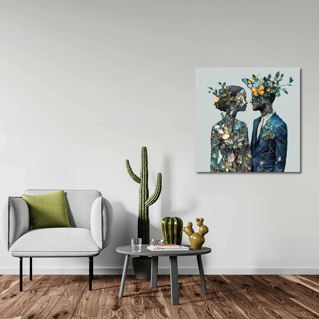 Couple Floral Collage Art Blue Tones – Wall Art