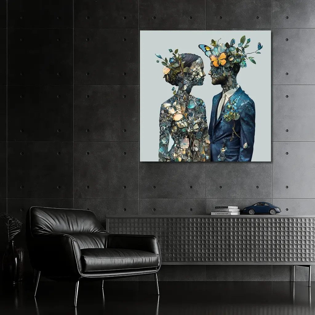 Couple Floral Collage Art Blue Tones – Wall Art