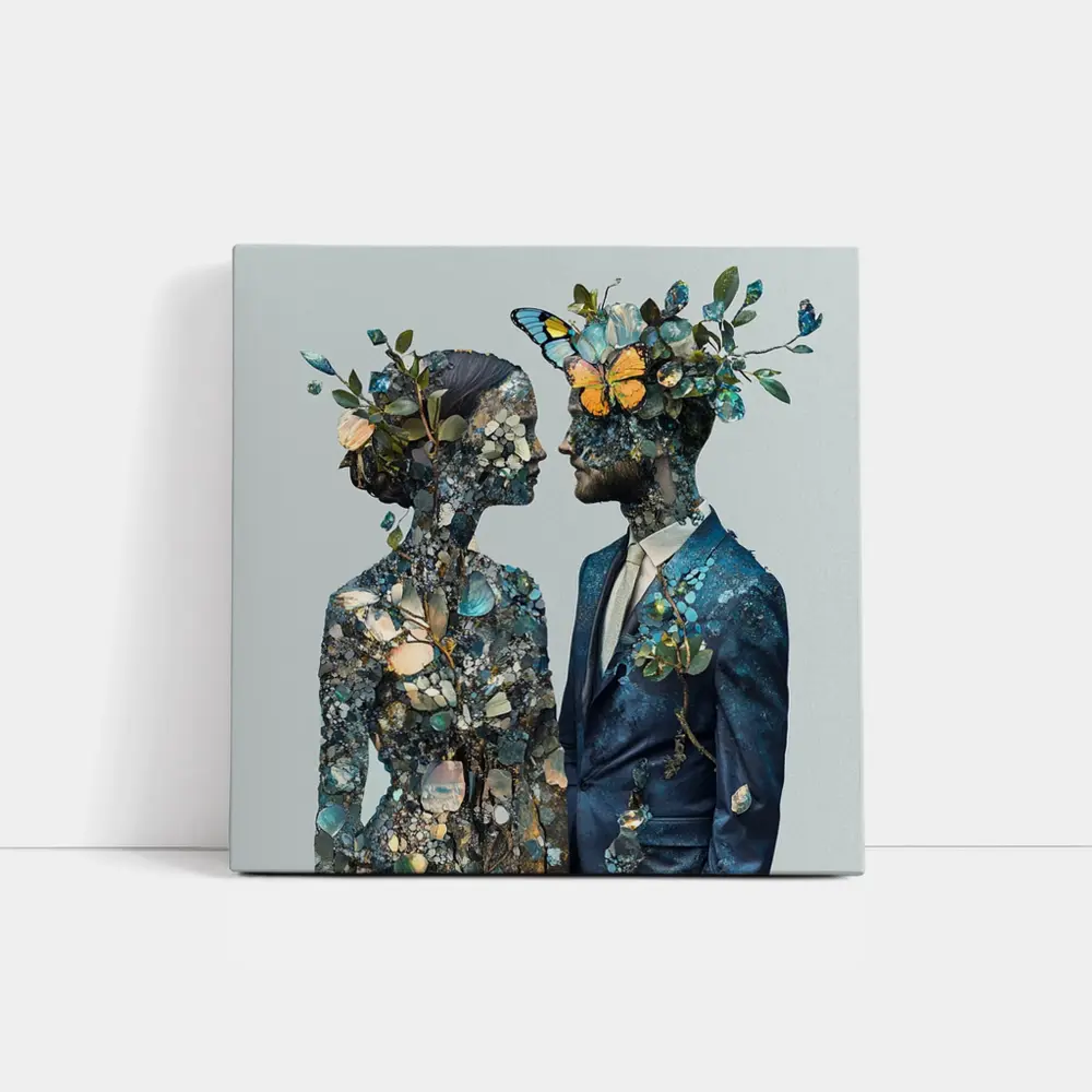 Couple Floral Collage Art Blue Tones – Wall Art