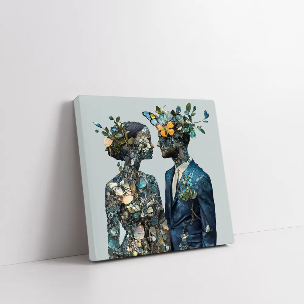Couple Floral Collage Art Blue Tones – Wall Art