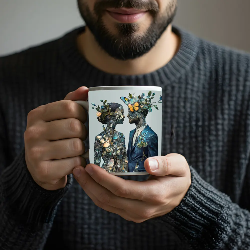 Couple Floral Collage Art Blue Tones – Mugs