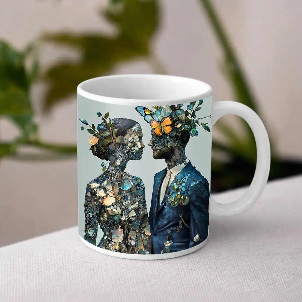 Couple Floral Collage Art Blue Tones – Mugs