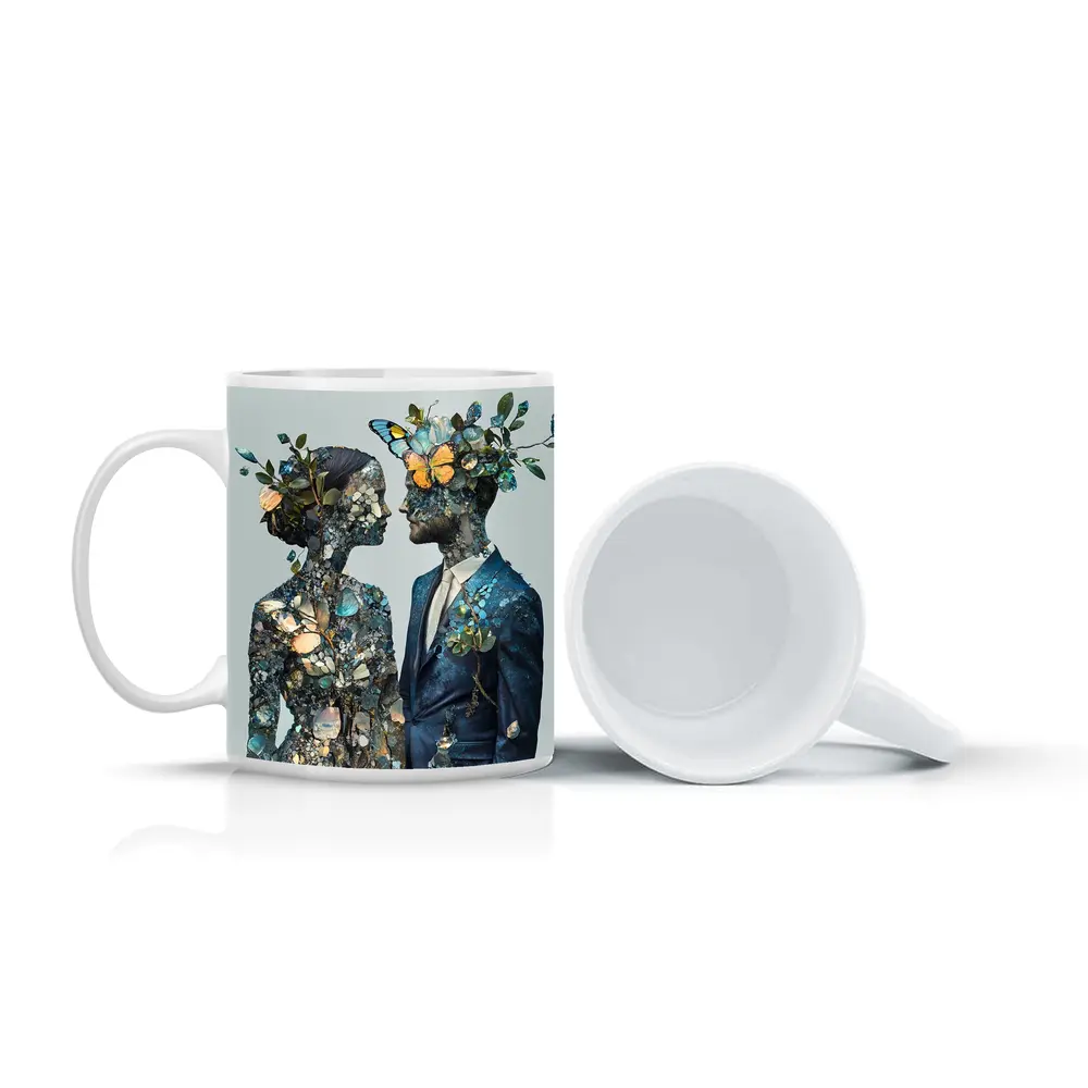 Couple Floral Collage Art Blue Tones – Mugs