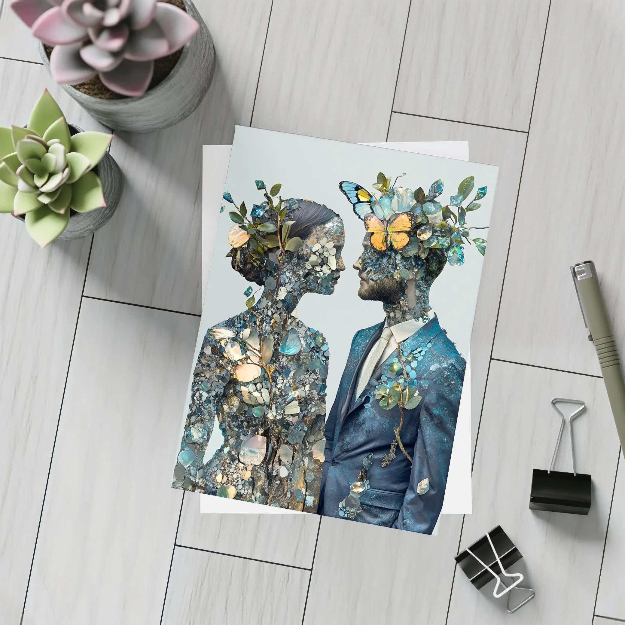 Couple Floral Collage Art Blue Tones – Postcards