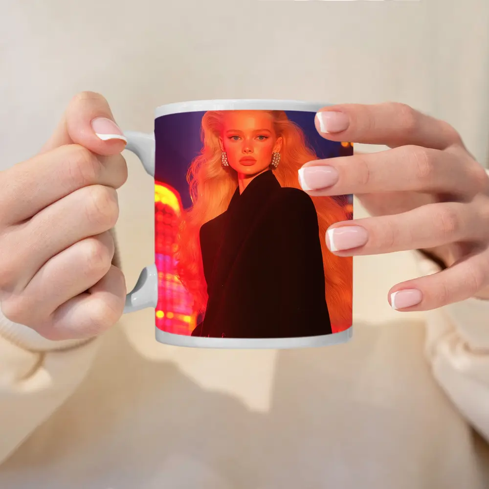Blonde Woman Black Blazer Neon City Night – Mugs
