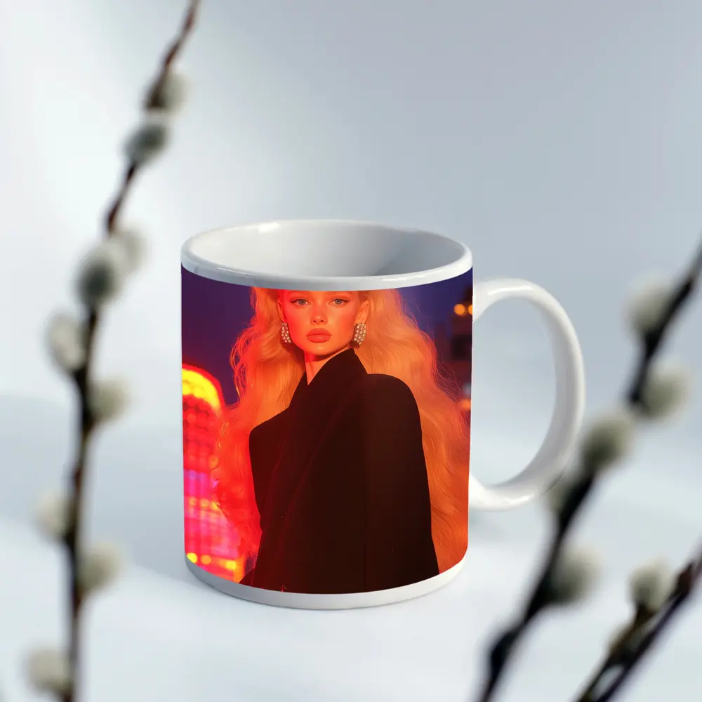 Blonde Woman Black Blazer Neon City Night – Mugs