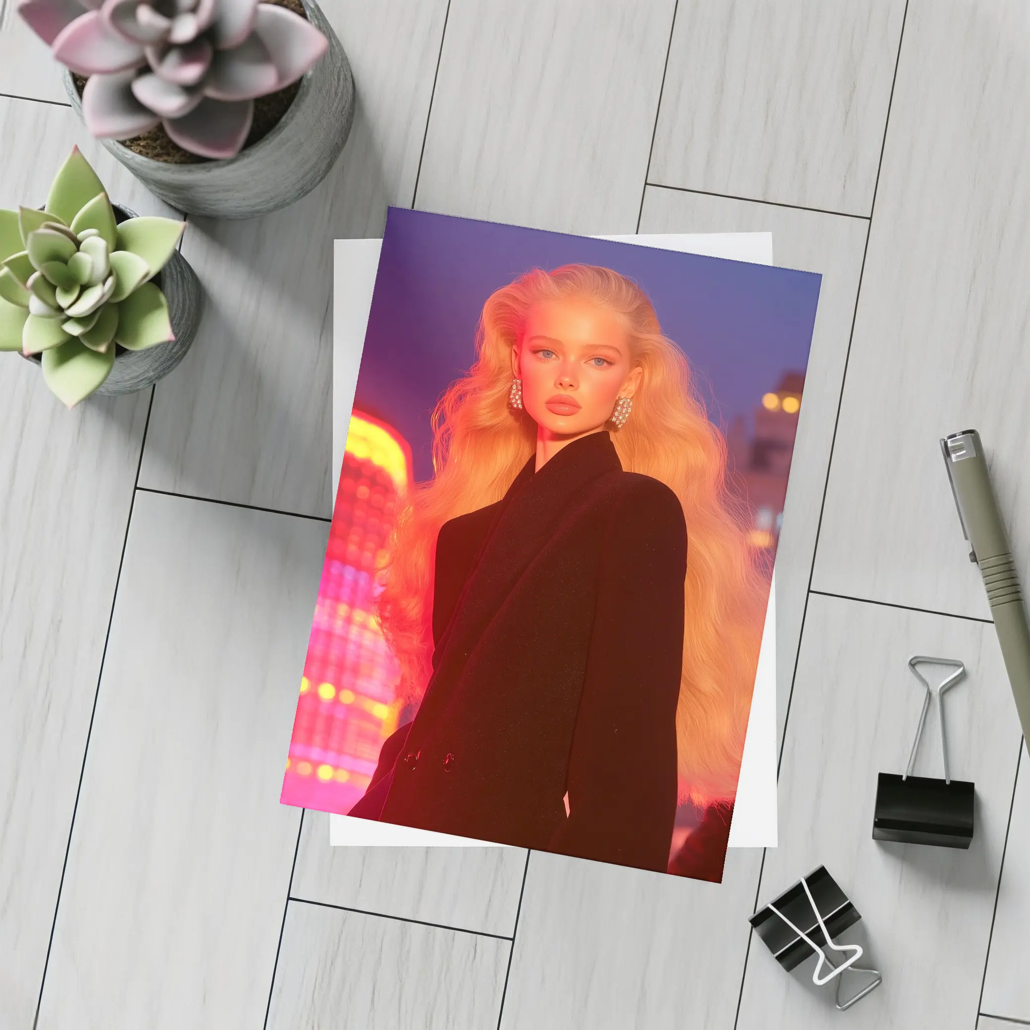 Blonde Woman Black Blazer Neon City Night – Postcards