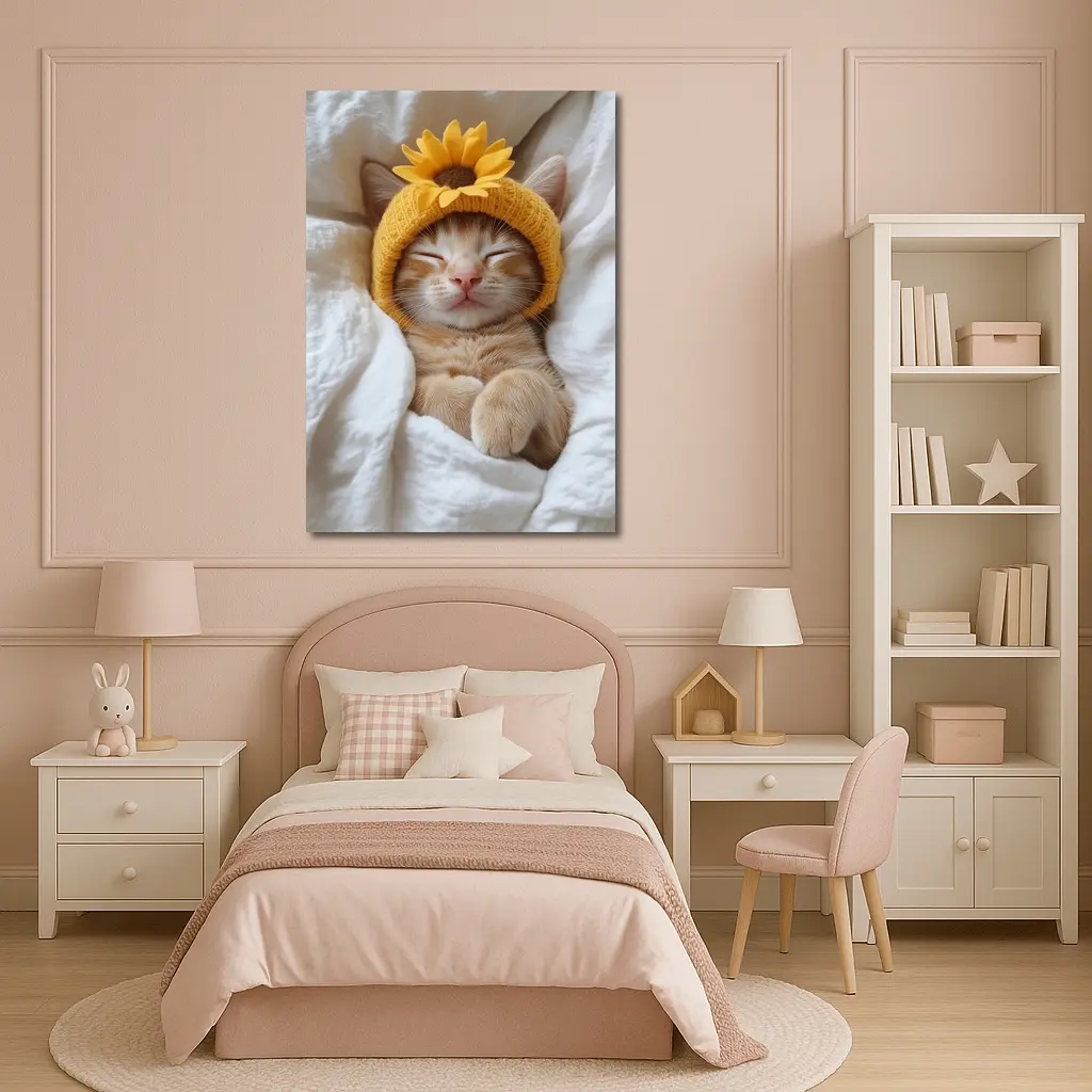 Sleeping Ginger Cat Sunflower Hat White Bedding – Wall Art