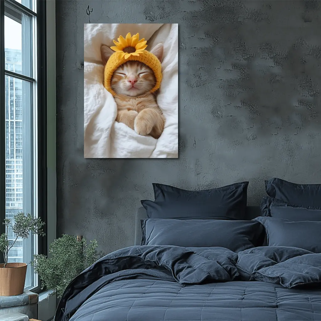 Sleeping Ginger Cat Sunflower Hat White Bedding – Wall Art