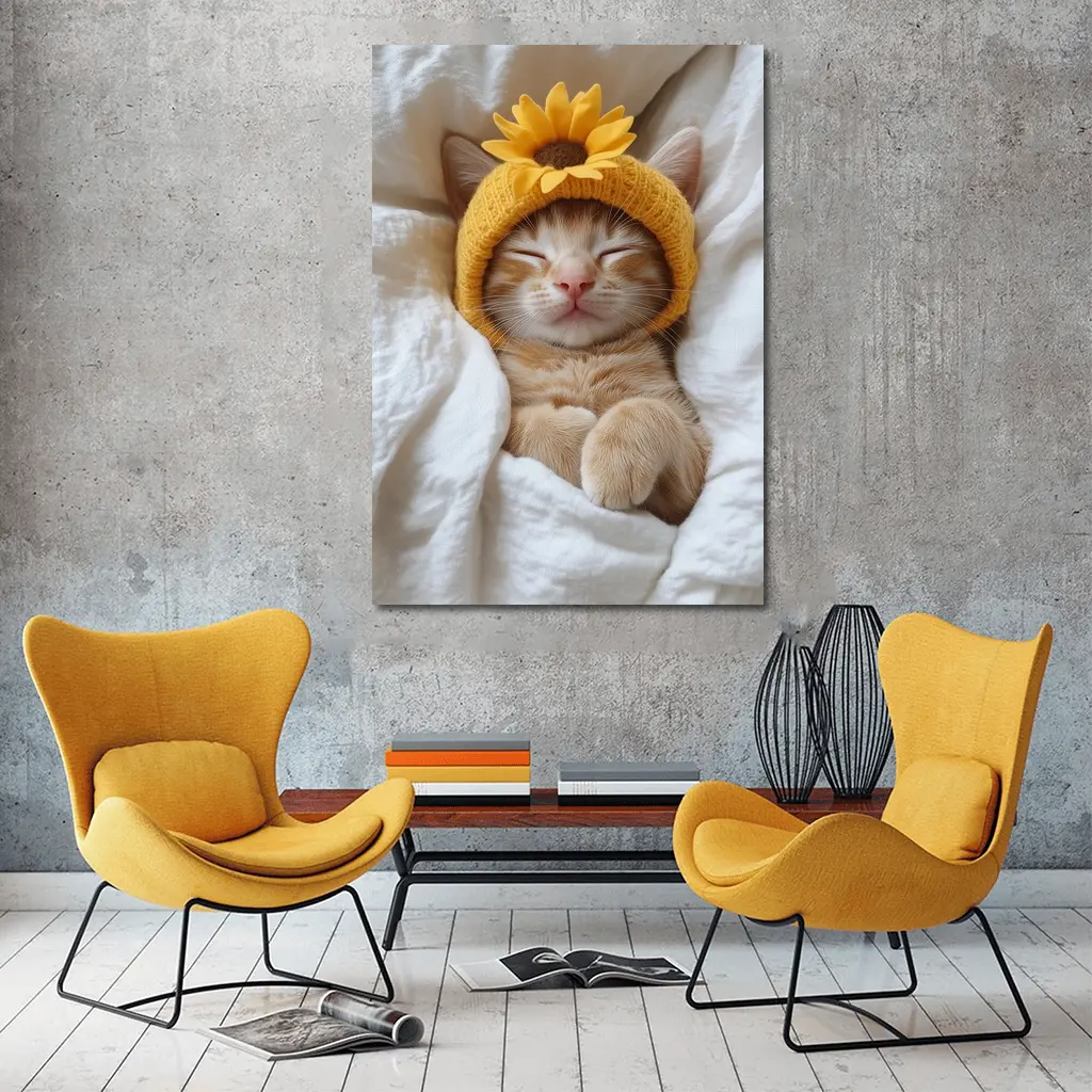 Sleeping Ginger Cat Sunflower Hat White Bedding – Wall Art