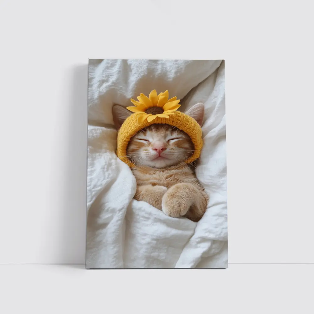 Sleeping Ginger Cat Sunflower Hat White Bedding – Wall Art