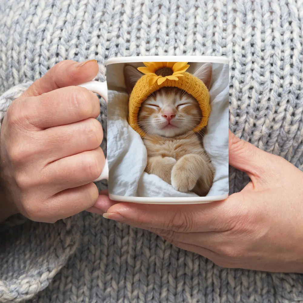Sleeping Ginger Cat Sunflower Hat White Bedding – Mugs