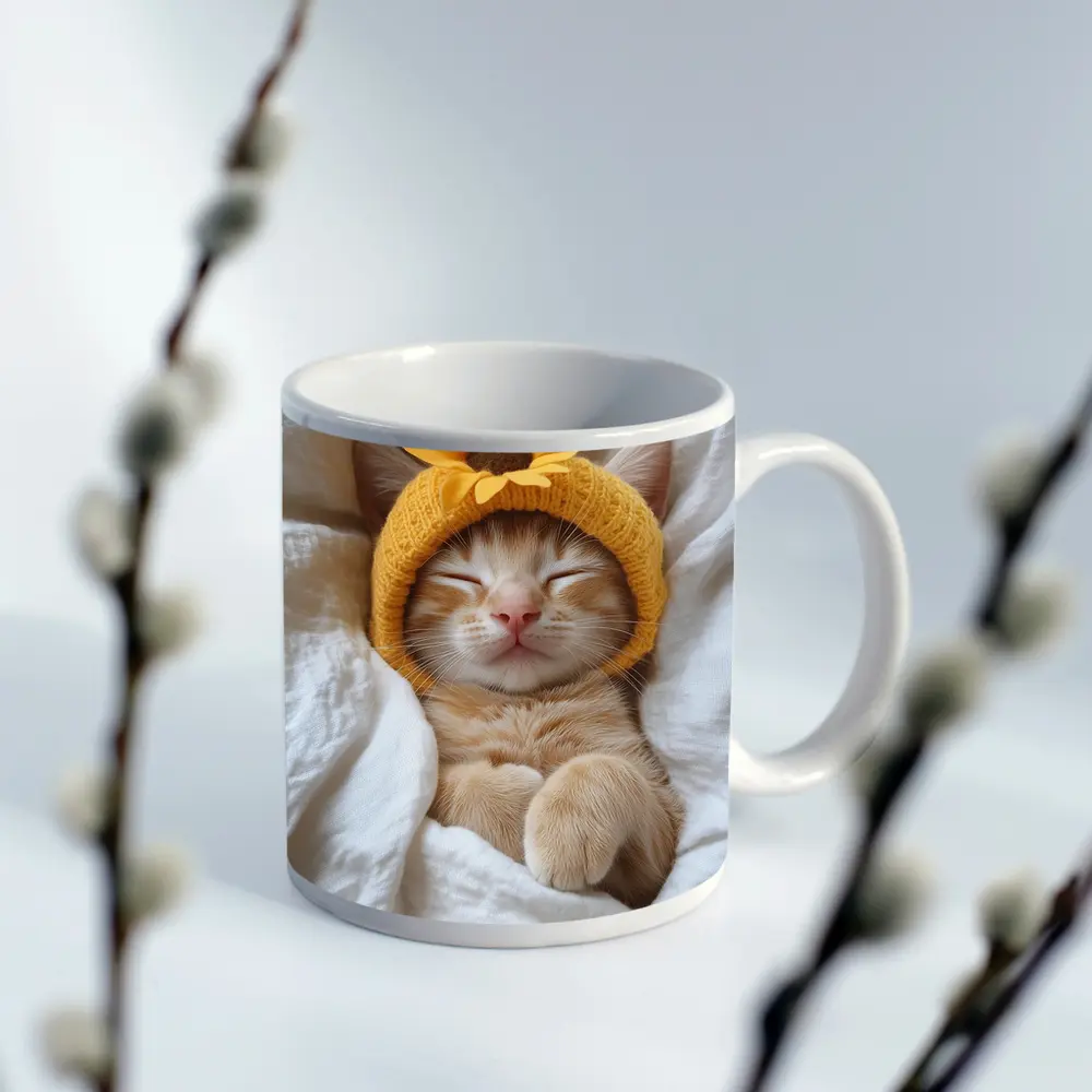 Sleeping Ginger Cat Sunflower Hat White Bedding – Mugs