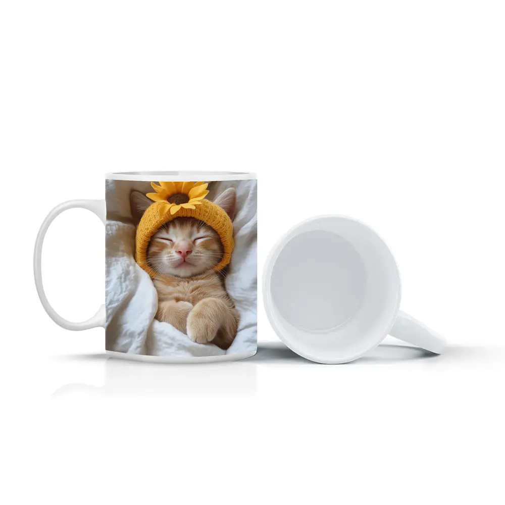 Sleeping Ginger Cat Sunflower Hat White Bedding – Mugs