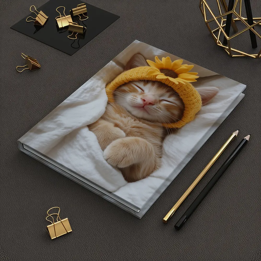 Sleeping Ginger Cat Sunflower Hat White Bedding – Notebooks