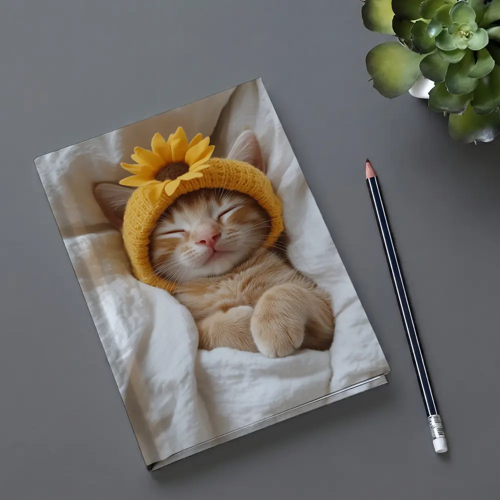 Sleeping Ginger Cat Sunflower Hat White Bedding – Notebooks
