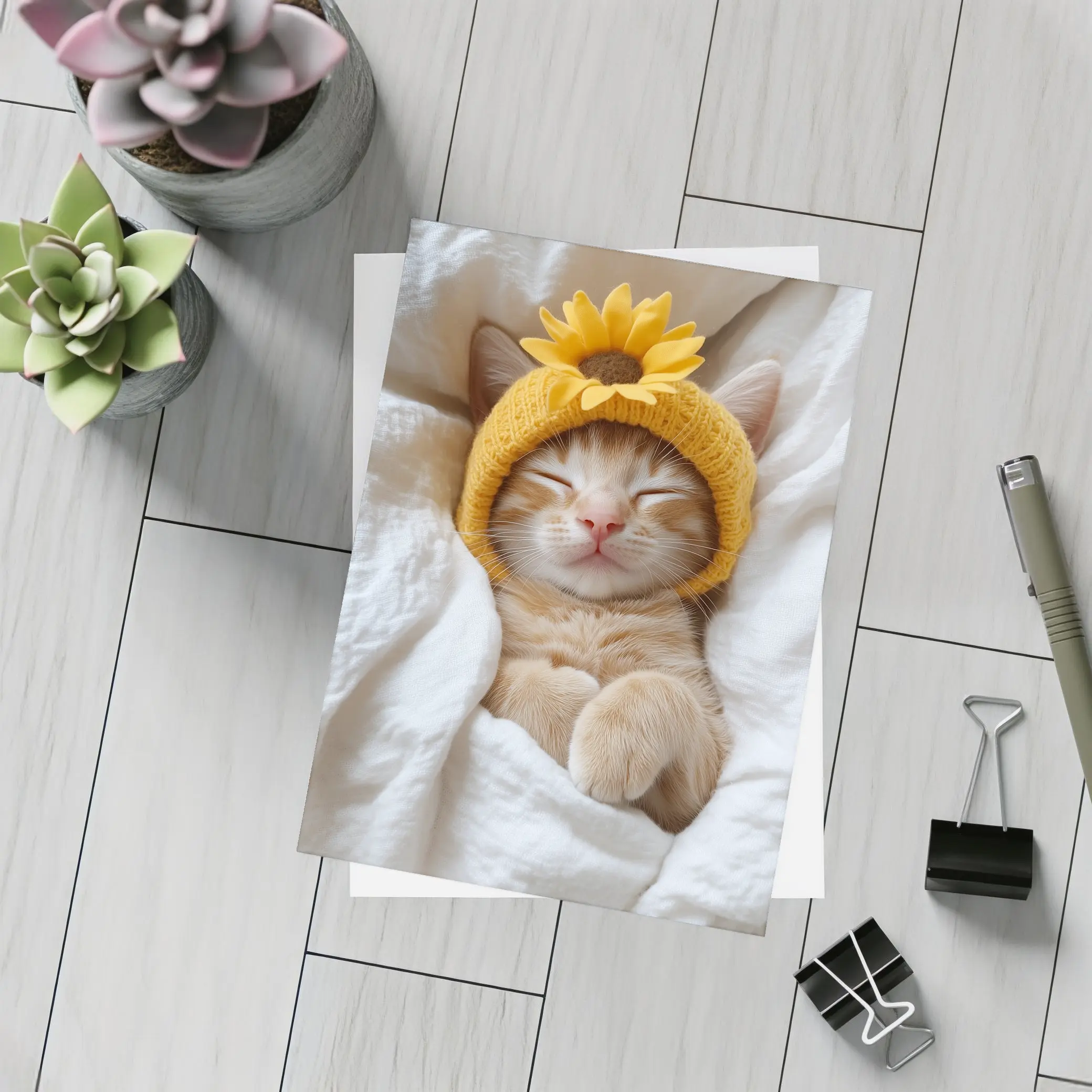 Sleeping Ginger Cat Sunflower Hat White Bedding – Postcards