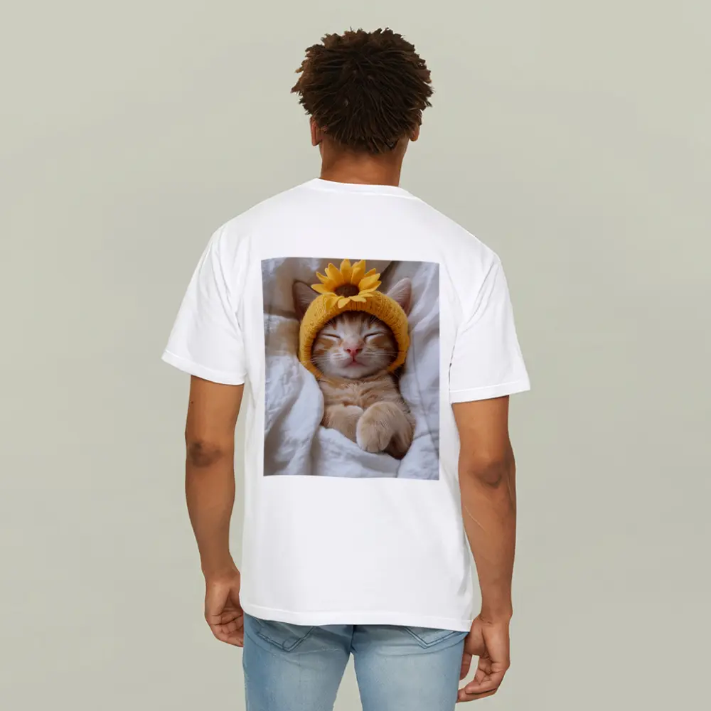 Sleeping Ginger Cat Sunflower Hat White Bedding – T-Shirts