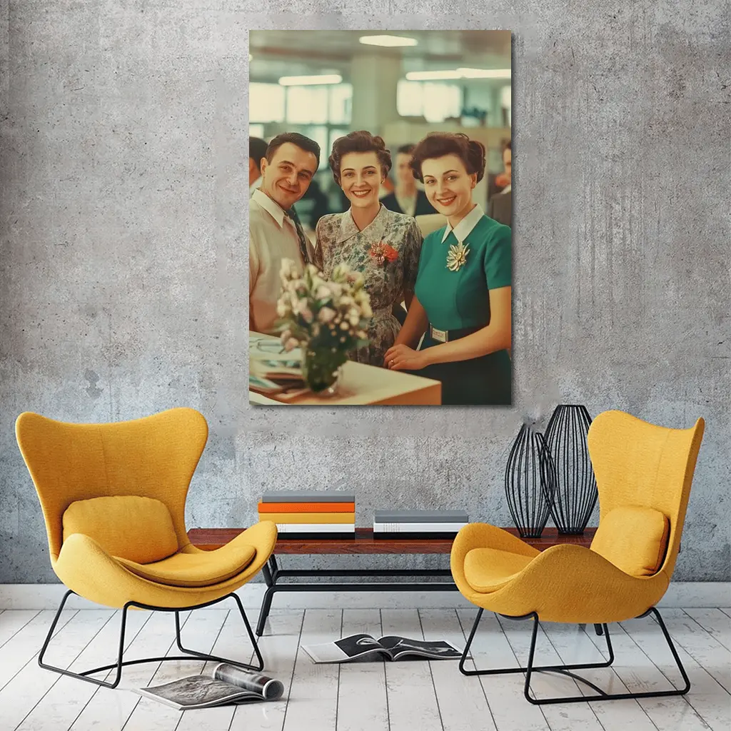 Retro Fifties Office Workers Smiling Together – Wall Art