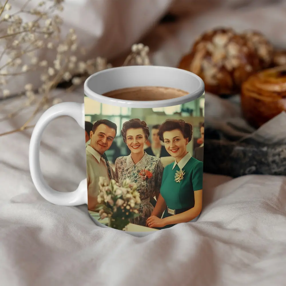 Retro Fifties Office Workers Smiling Together – Mugs