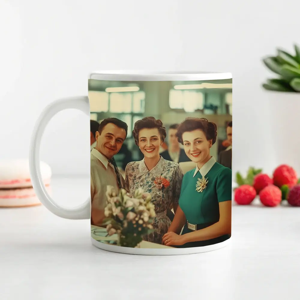 Retro Fifties Office Workers Smiling Together – Mugs