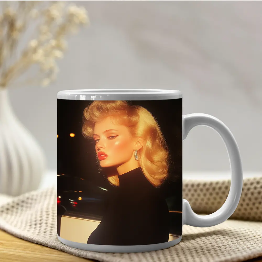 Blonde Woman Black Dress Night City – Mugs