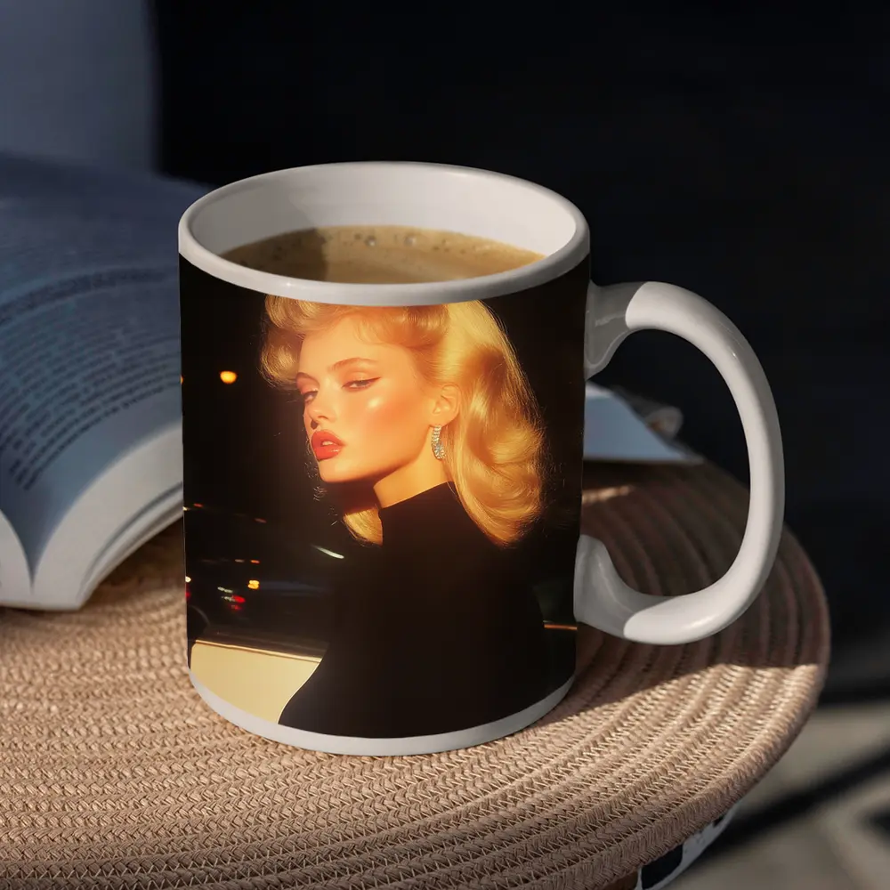 Blonde Woman Black Dress Night City – Mugs